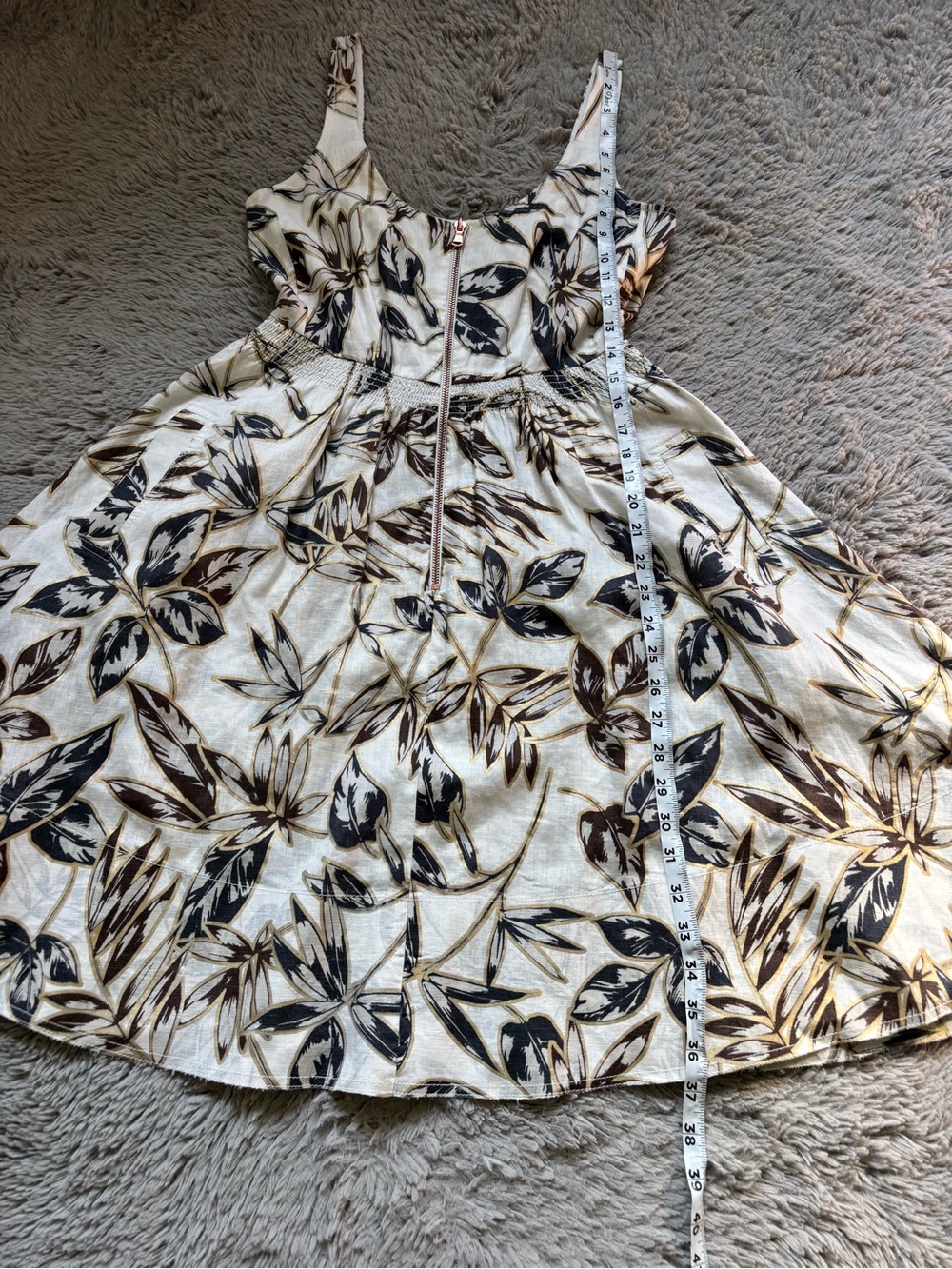 J.CREW Gold Foil Leaf Botanical Stretch Waist Front Zip Linen Dress 2 - Picture 8 of 9